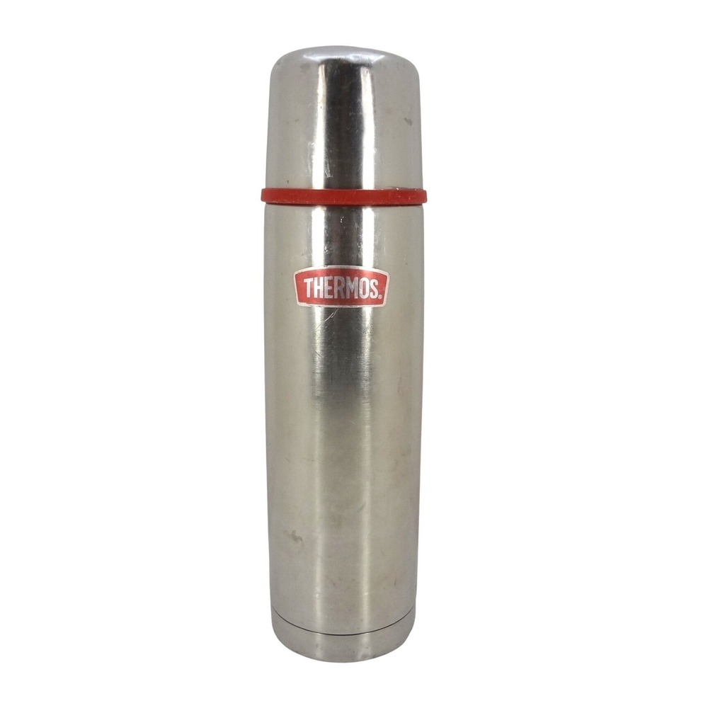 Vintage Thermos Stainless Steel Vacuum Insulated Flask Silver Red Trim Cup Lid